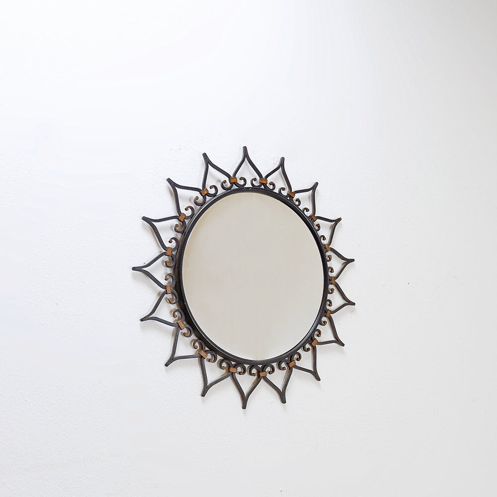 Wall mirror sun in wrought iron with heart pattern - 1960s