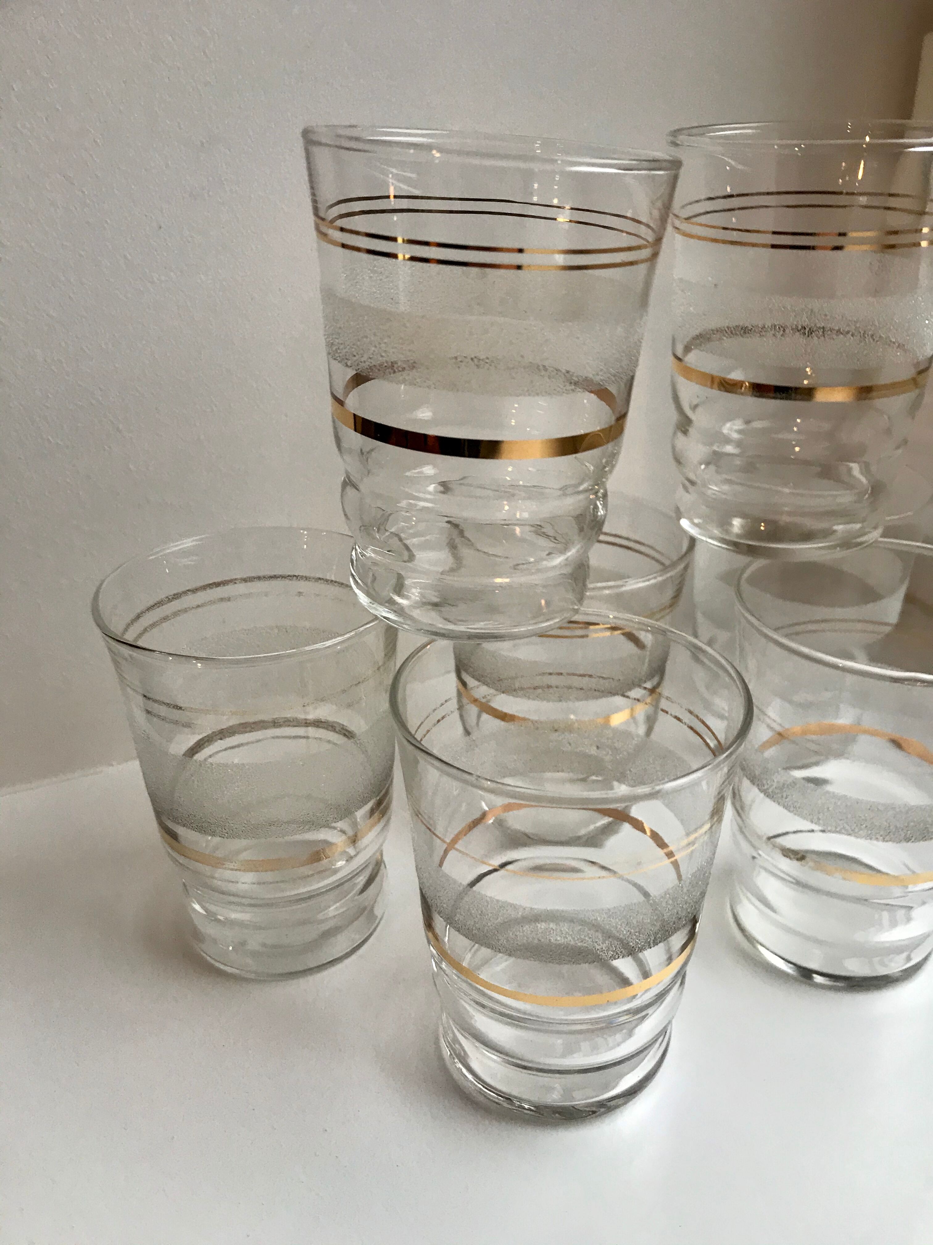 Set of 7 granite water glasses with golden edging 50s-60s