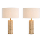 Paire de lampes de table en travertin et laiton patiné