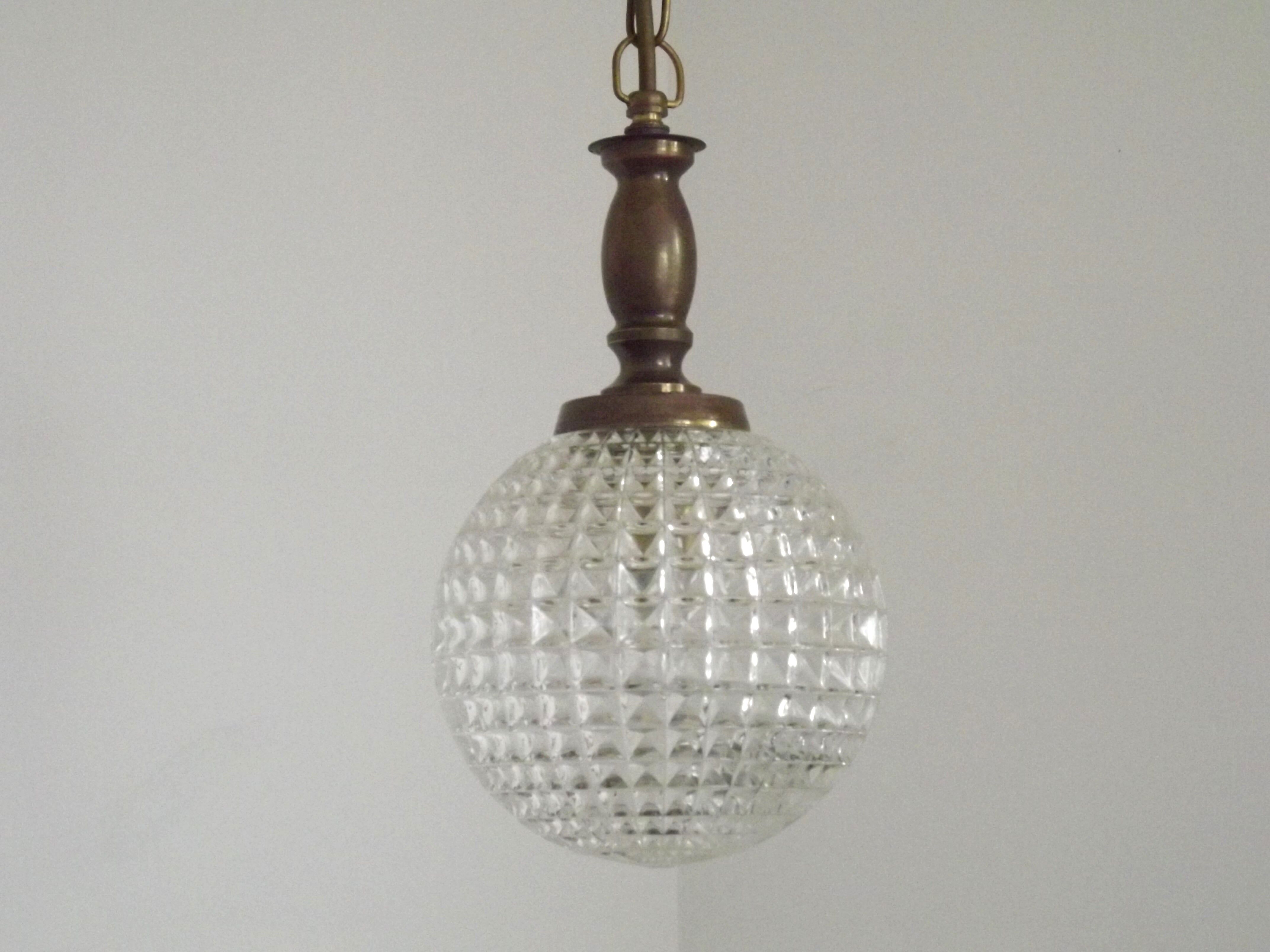 French Vintage Molded Glass & Brass Pendant Light 1970s Globe Hanging Lamp