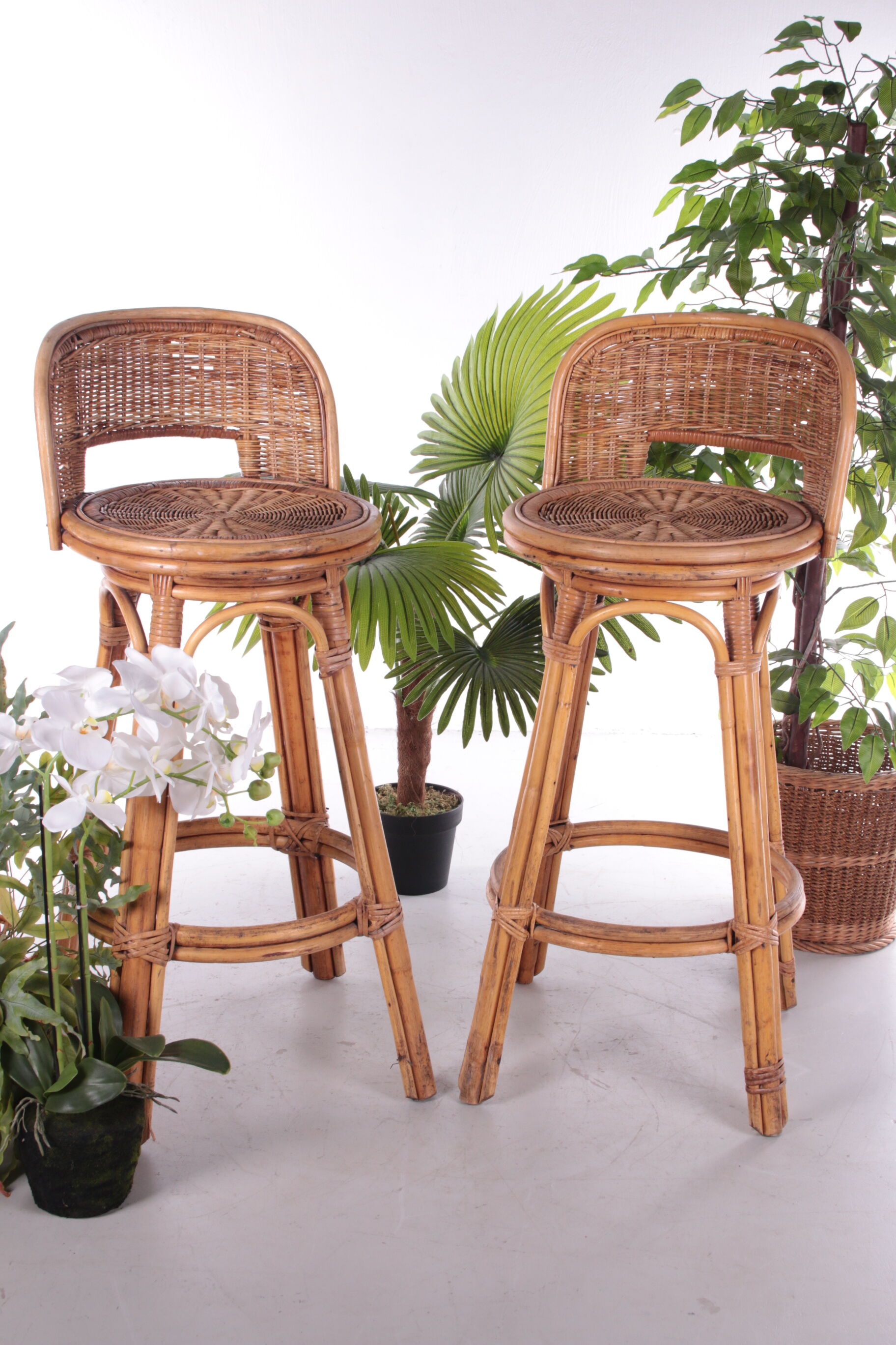 Vintage Rattan Swivel Bar Stool Set, 1950s