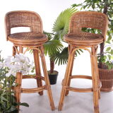 Vintage Rattan Swivel Bar Stool Set, 1950s