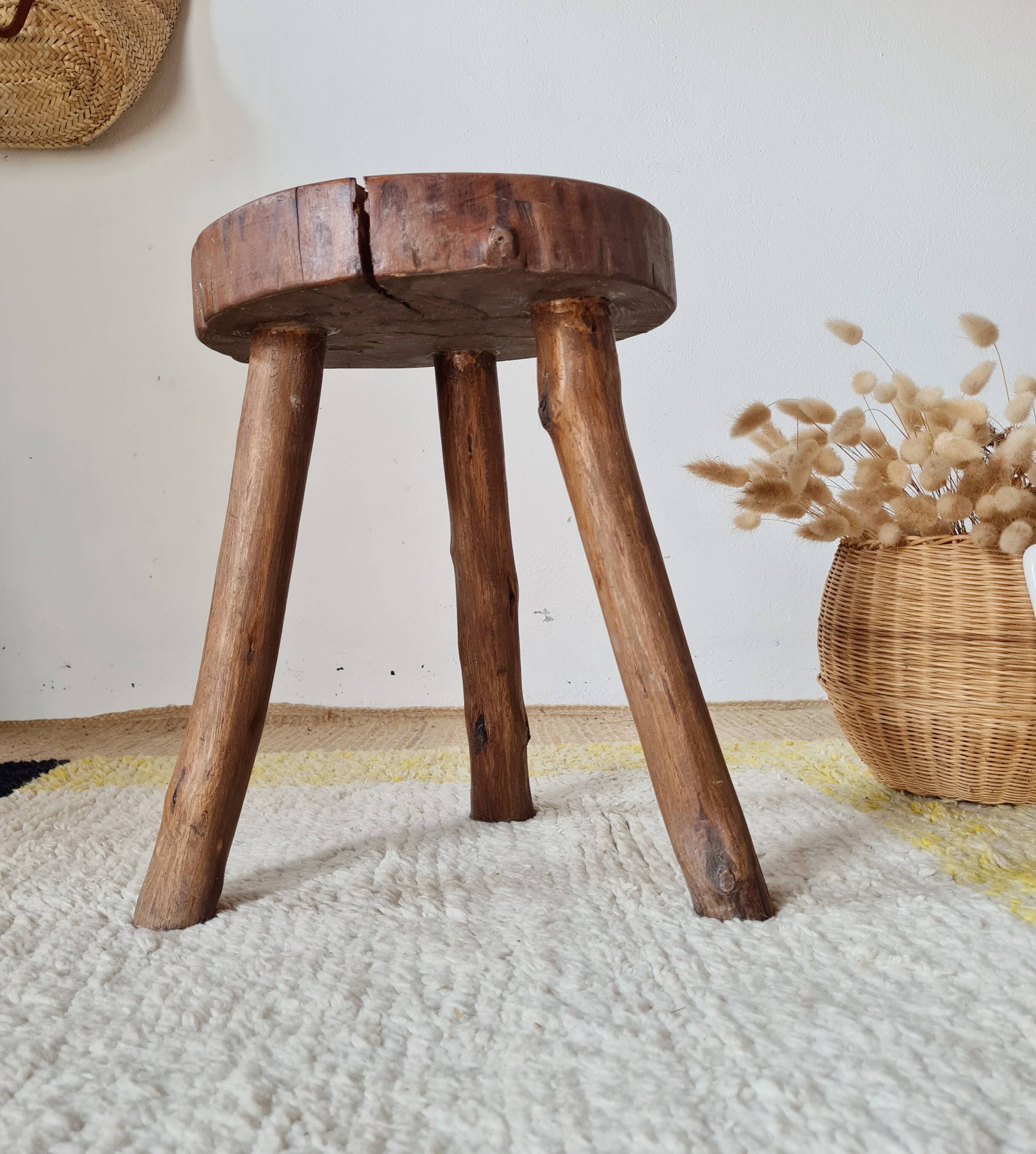 Small stool / antique stool in raw wood – Brutalist spirit