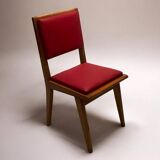 c. 1950 - Set of six “compass leg” chairs in oak and red leatherette -