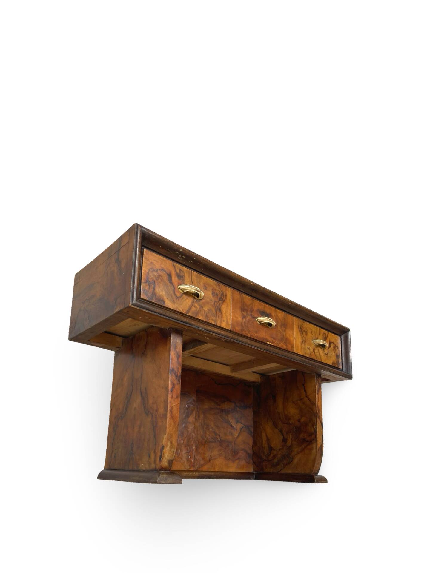 Italian burl walnut art deco console table, 1930s.