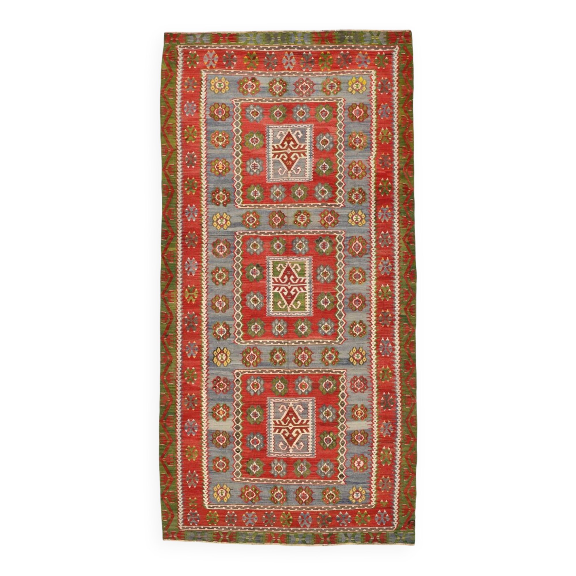 5x11 Kilim Red & Blue Geometric Vintage Rug, 168x342Cm