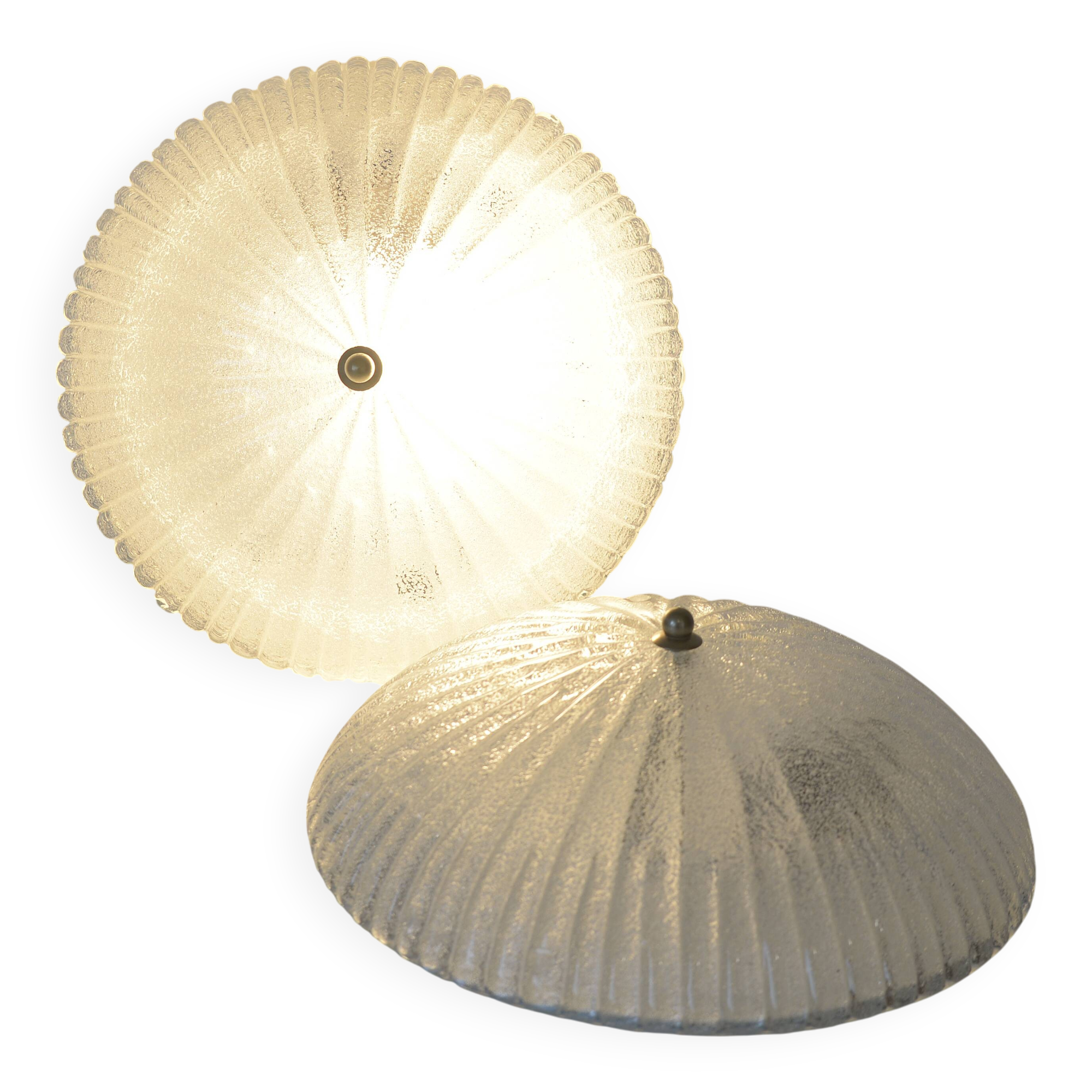 Set of 2 vintage hand blown ice glass wall sconces / pair of flush mount ceiling lights