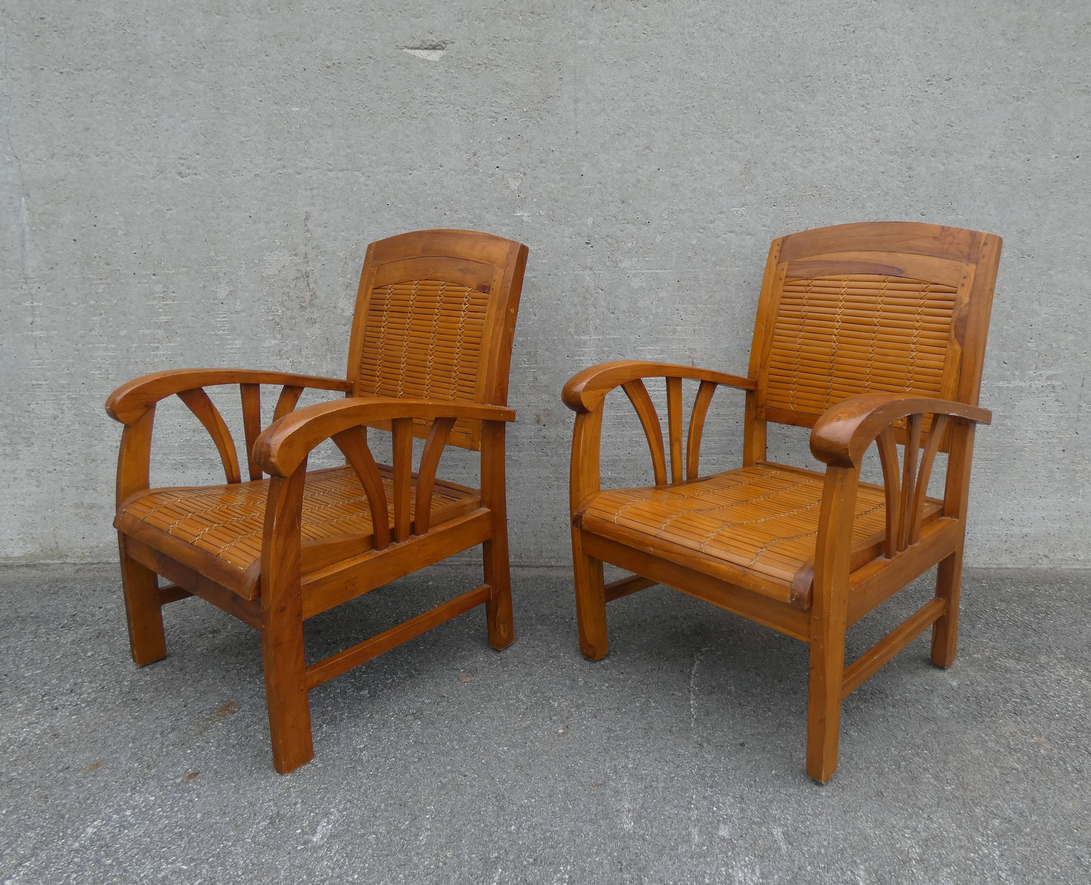 2 colonial bamboo and teak armchairs