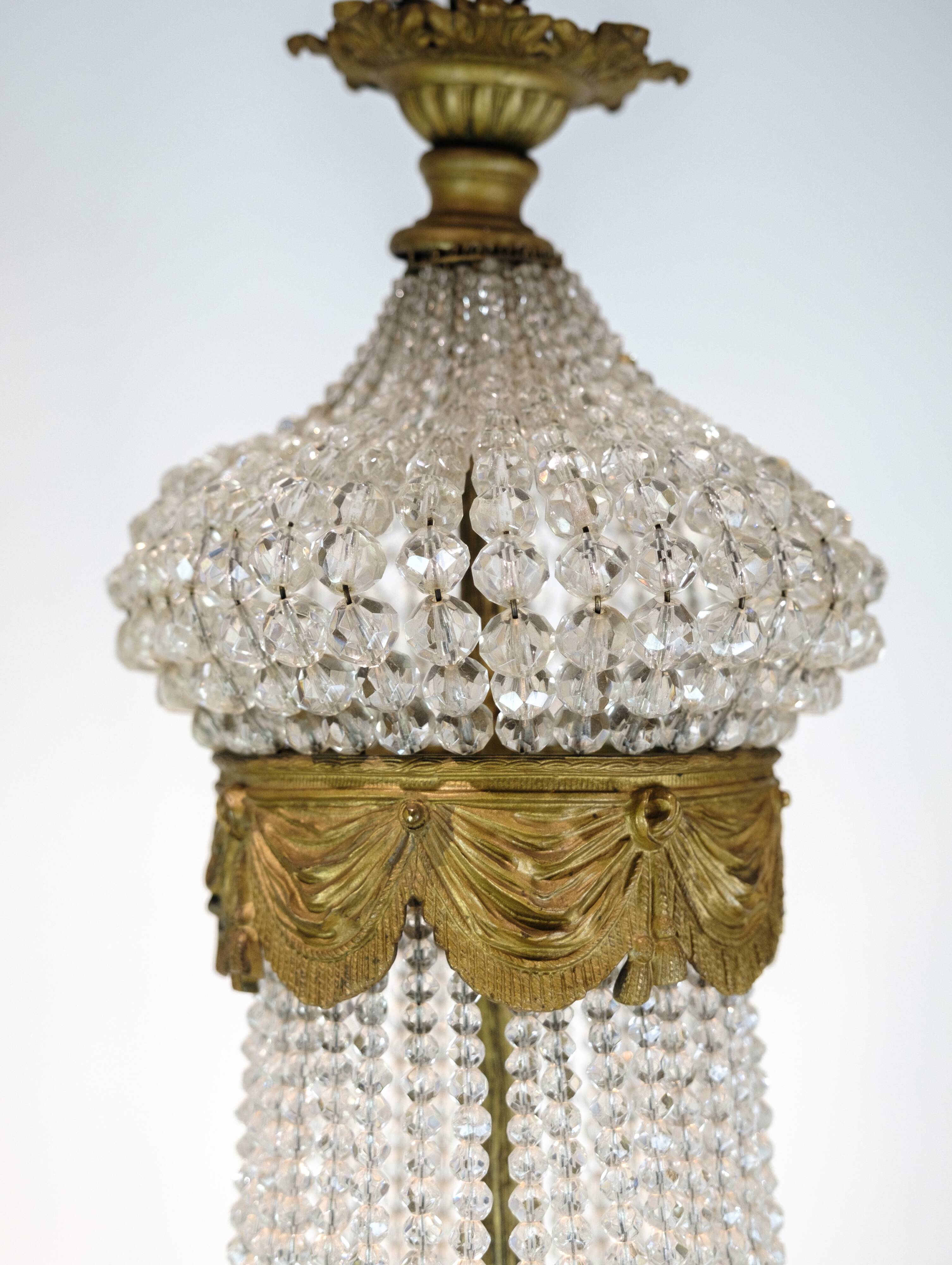 Antique Prism Chandelier Decorated In Brass, Bronze & Crystals From 1890s