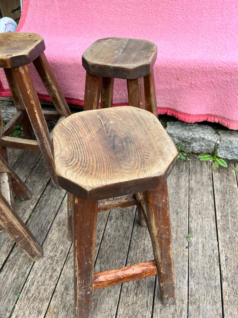 Set of 4 old vintage brutalist fir bar stools