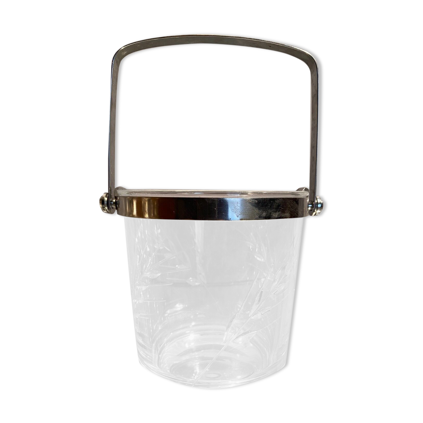 Cut crystal ice bucket with plant decoration and stainless steel frame