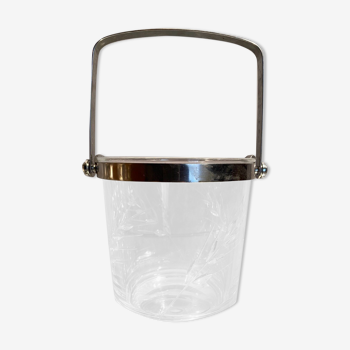 Cut crystal ice bucket with plant decoration and stainless steel frame