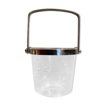 Cut crystal ice bucket with plant decoration and stainless steel frame