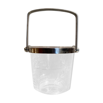 Cut crystal ice bucket with plant decoration and stainless steel frame