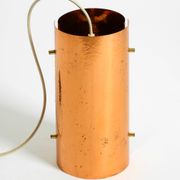 Two 50s tube pendant lamps consisting of two screwed-together copper bowls
