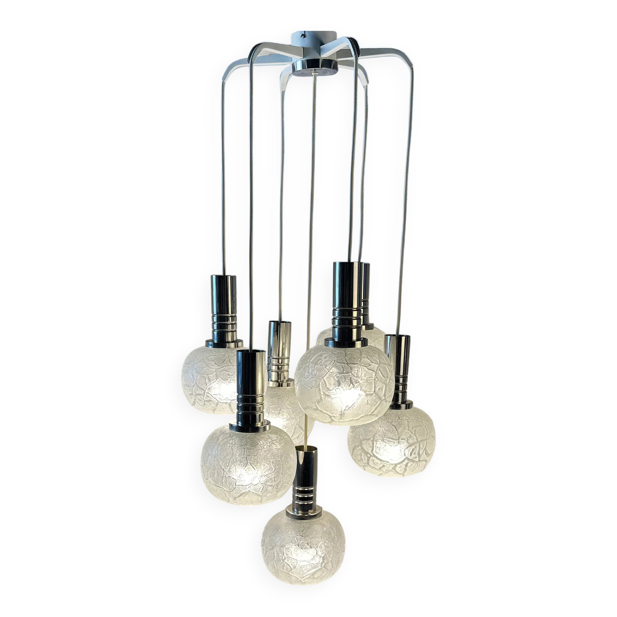 Vintage Doria Leuchten suspension with 7 cracked glass globes.
