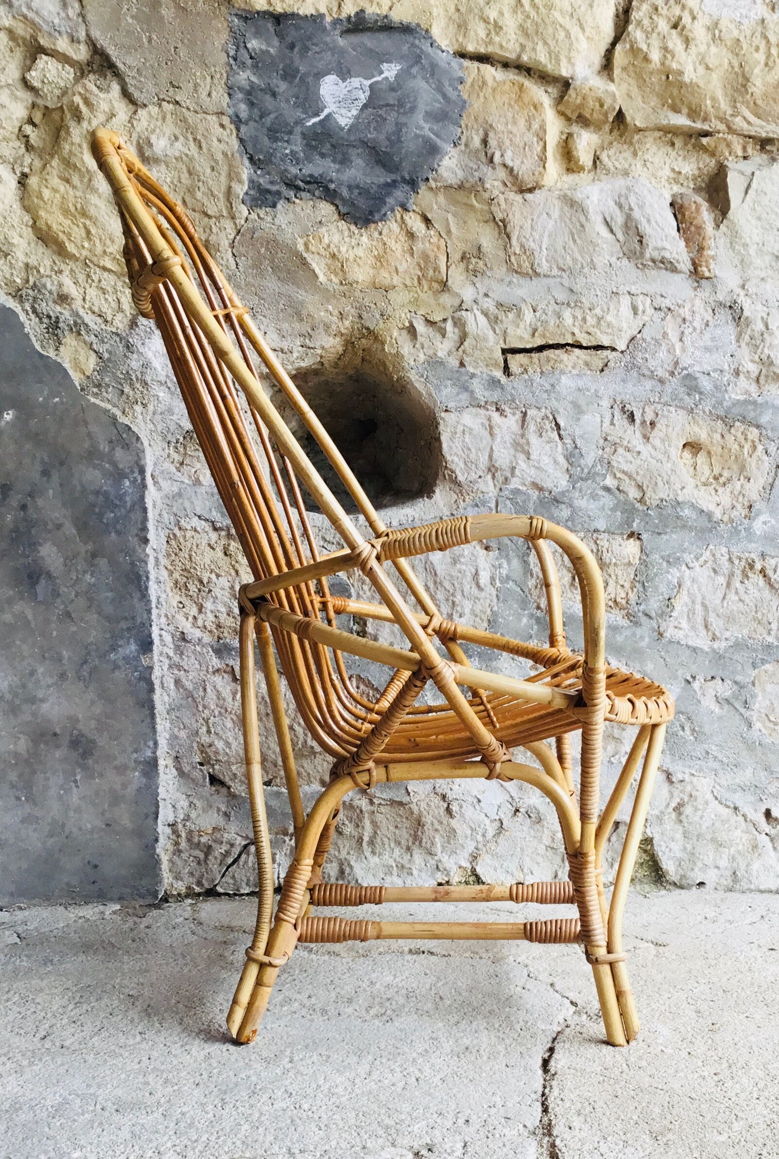 Large rattan armchair with armrests - vintage 1960
