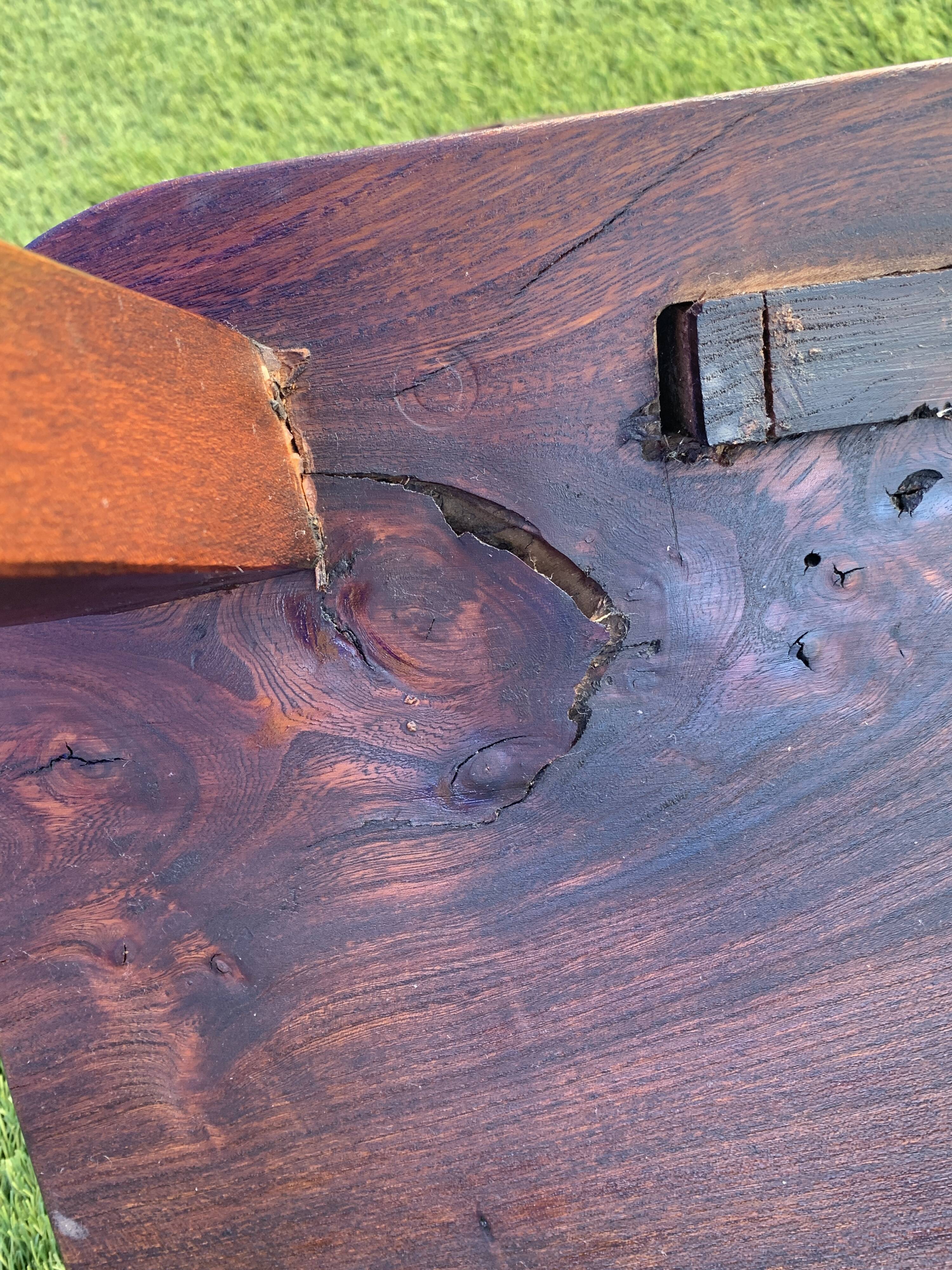 Pair of brutalist T-shaped chairs, solid Aranjou elm, design Olavi Hanninen, 1970