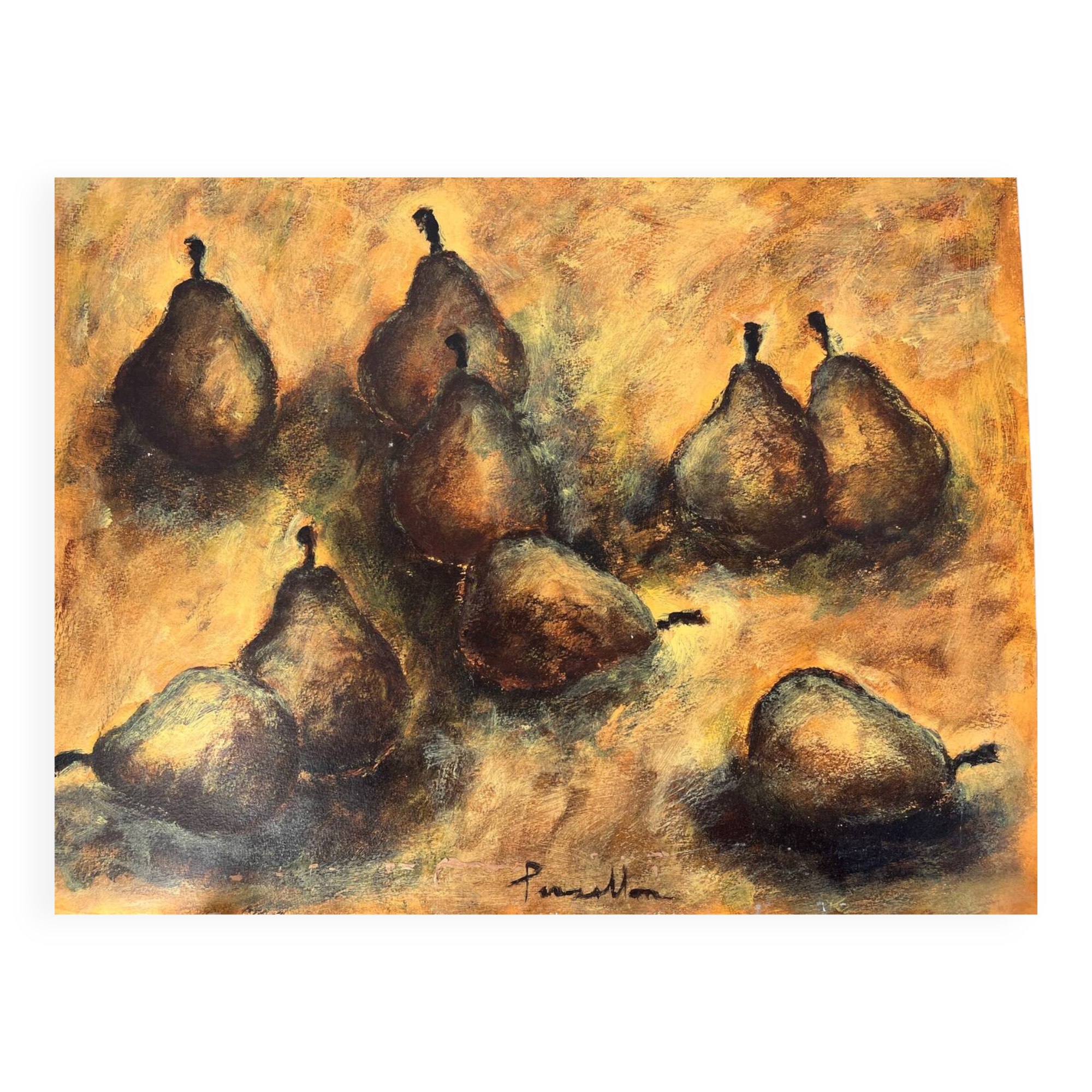Still life with pears, watercolour on paper signed Françoise Persillon.