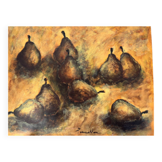 Still life with pears, watercolour on paper signed Françoise Persillon.