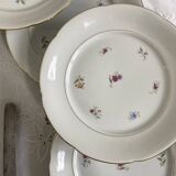 6 flat plates, antique porcelain with flowers and gilding, P L Limoges.