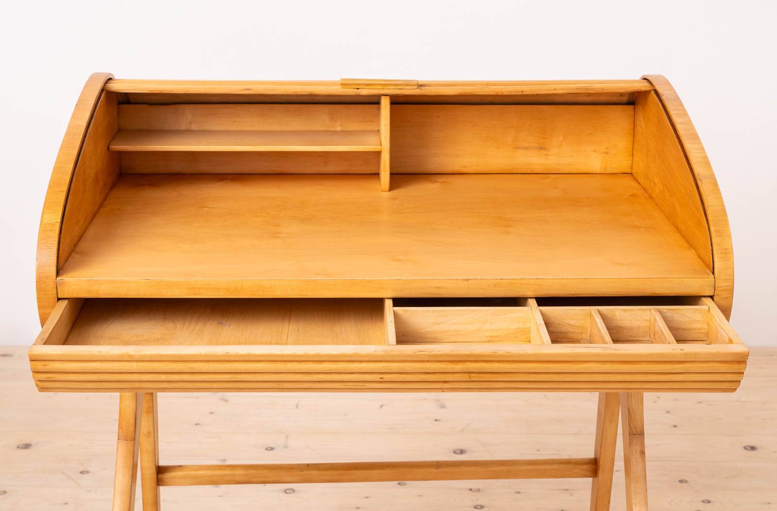 Mid Century Modern Desk with Roll-Top, Walnut Veneer, 1950s, Fully Restored