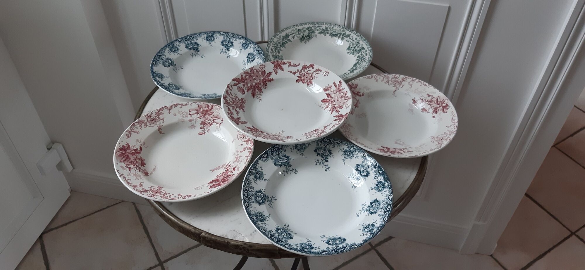 Set of 6 hollow plates Terre de Fer XIXth Saint Amand "Campanule" "Anémone"