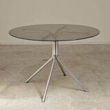 Round table in smoked glass and chrome metal from the 70s