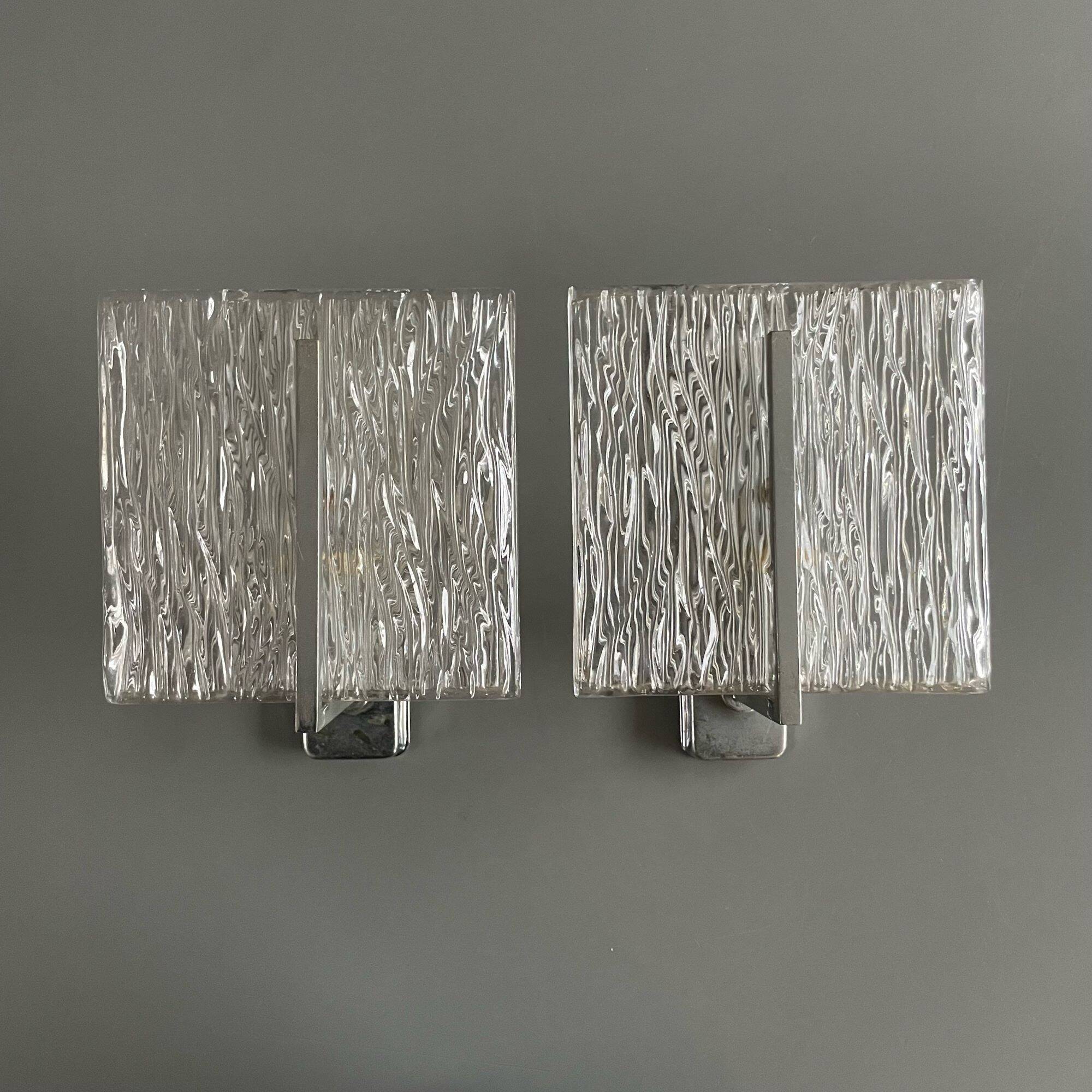 Set of vintage wall lights, ‘ice’ glass and metal, 1970s