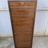 1970 oak office storage cabinet with curtains.