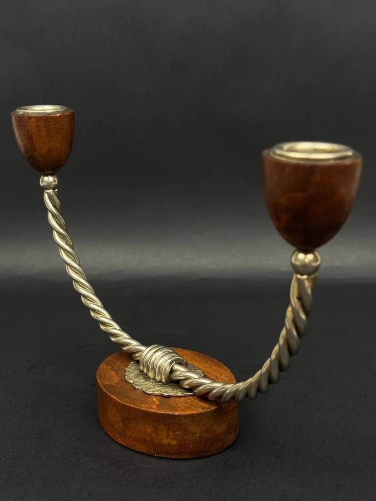 Pair of vintage candle holders in twisted wood and metal – Scandinavian design