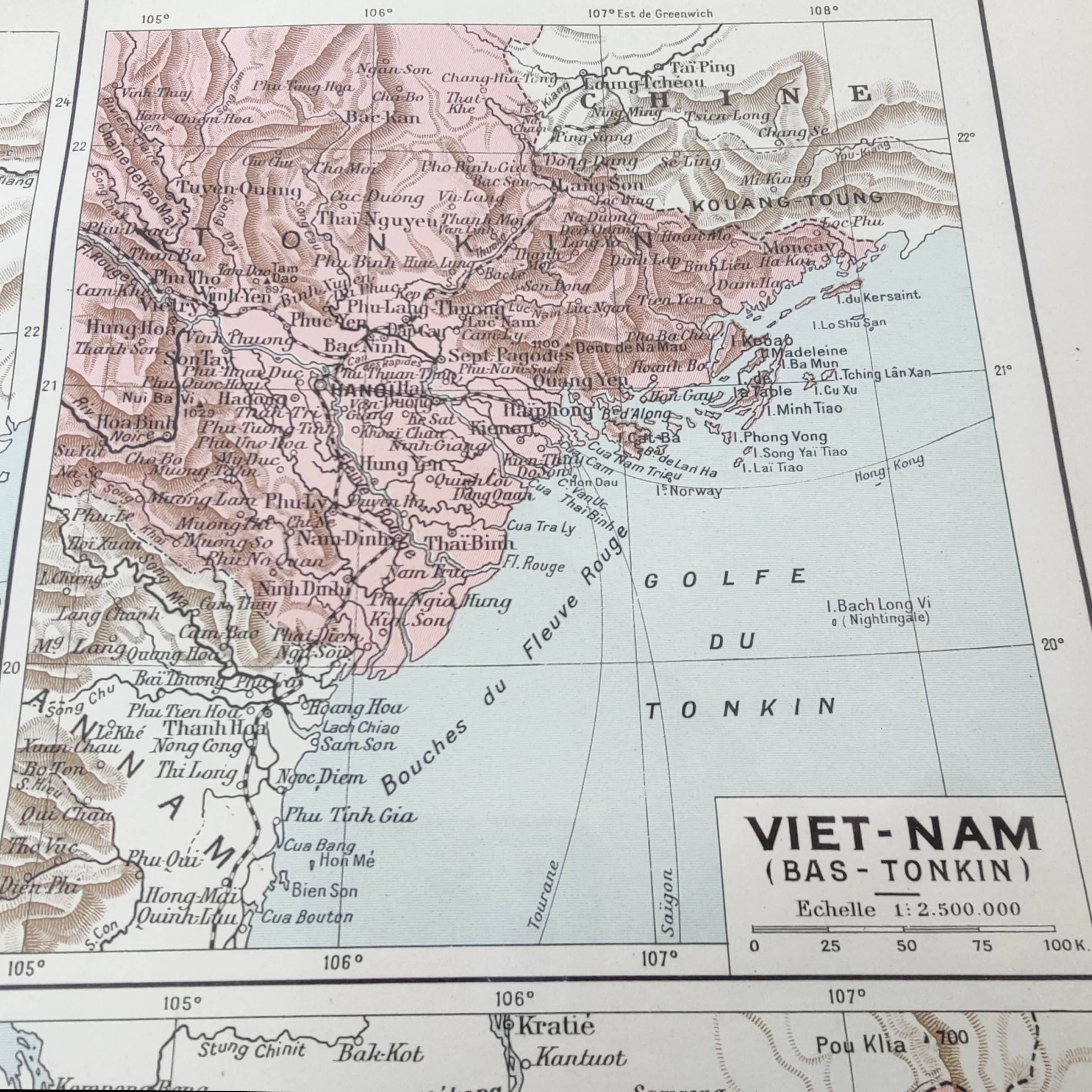Old map Vietnam Laos Cambodia Asia 43x43cm from 1950