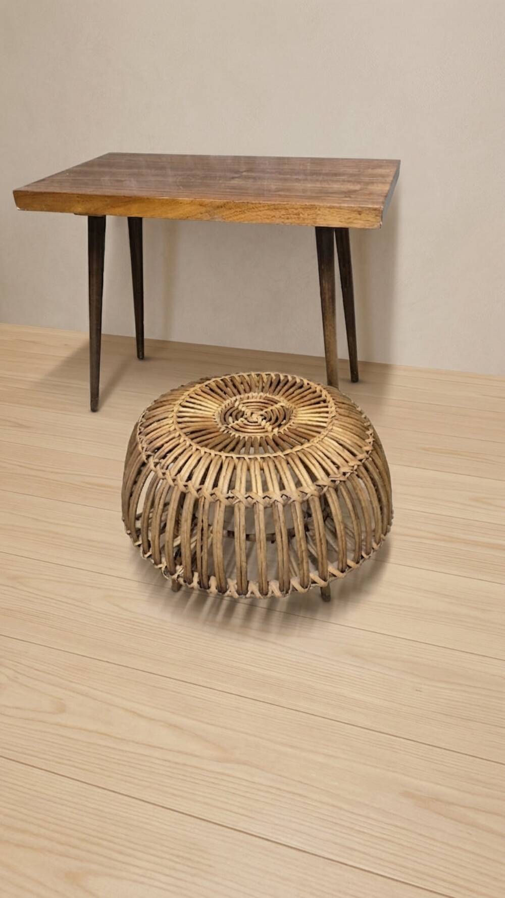 Mid-century woven rattan ottoman by Franco Albini, 1950s, Italy, 50 × 50 × 30 cm