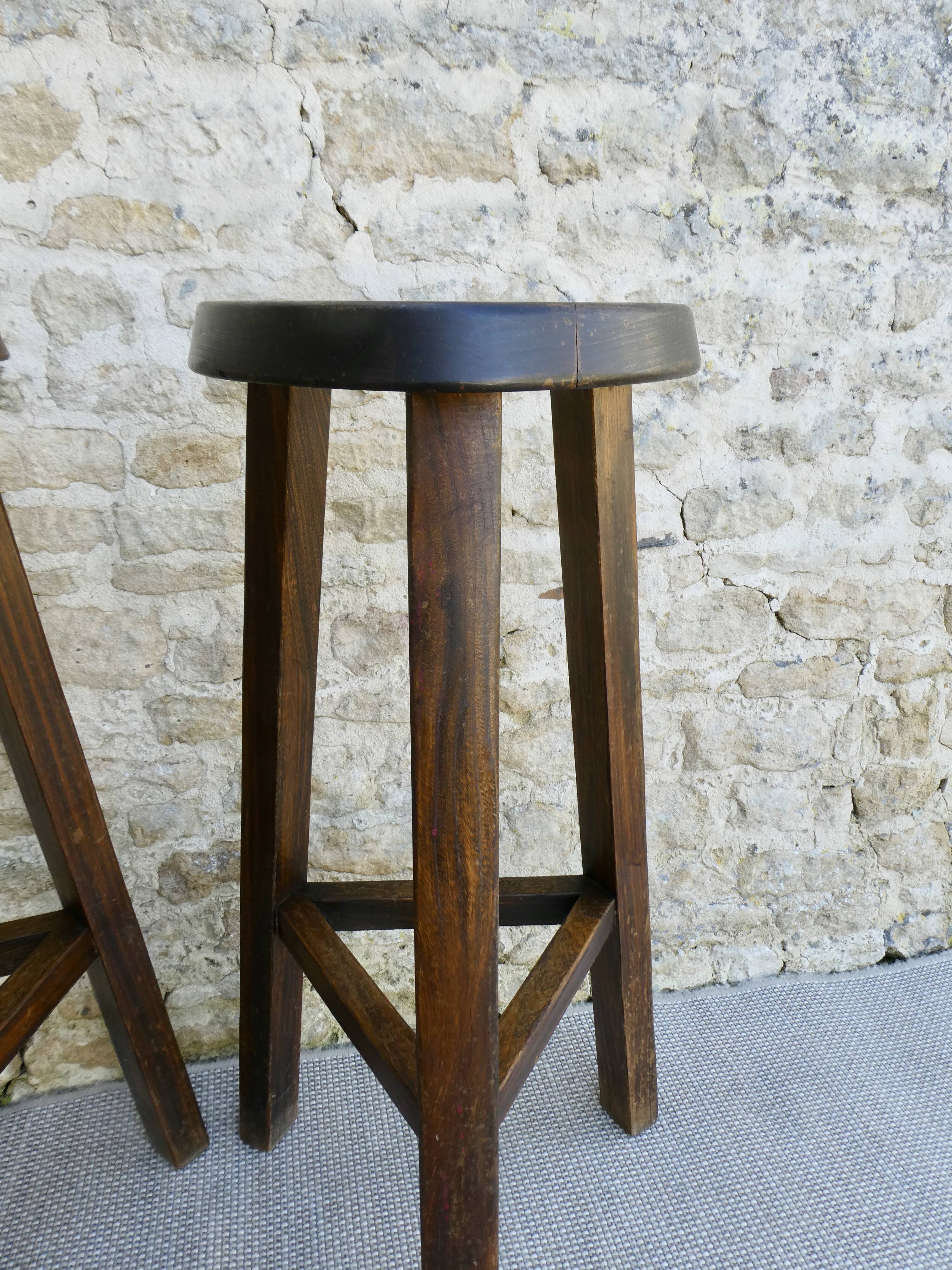 Pair of high tripod stools, bar, solid wood