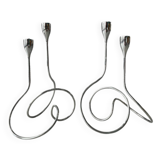 Pair of black blum loop chrome candlesticks