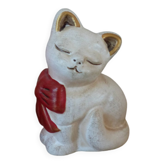 Thun Ceramic Cat Figurine with Red Bow, Bolzano Italy Pottery Cat Statuette Hand Painted