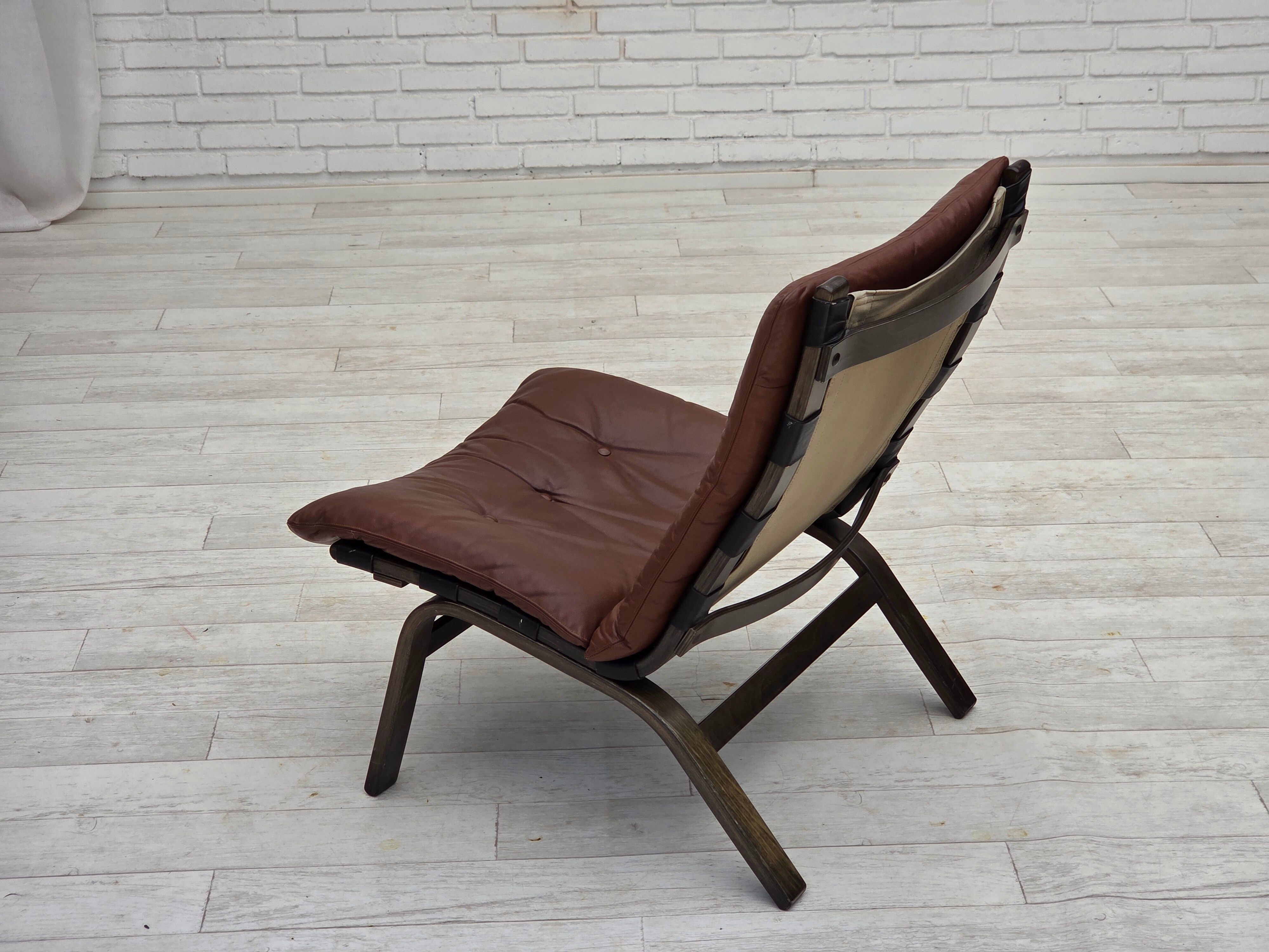 1970s, Danish loungechair by Farstrup, leather, canvas, bent wood.