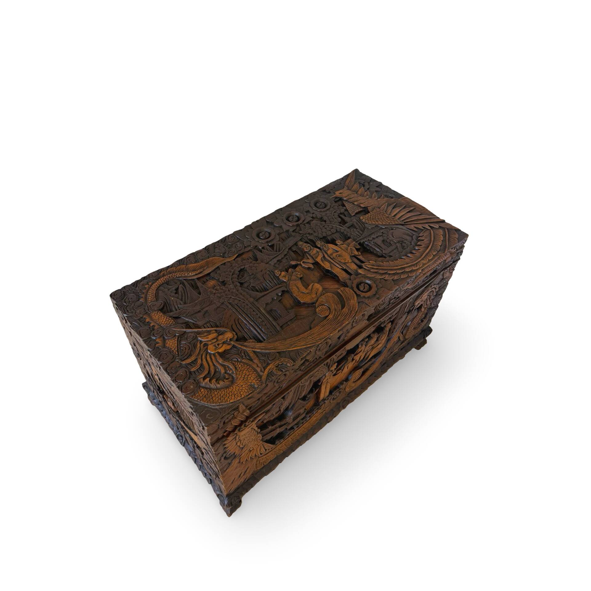 Antique Chinese Carved Export Chest – Dragon, Phoenix & Landscape Deco