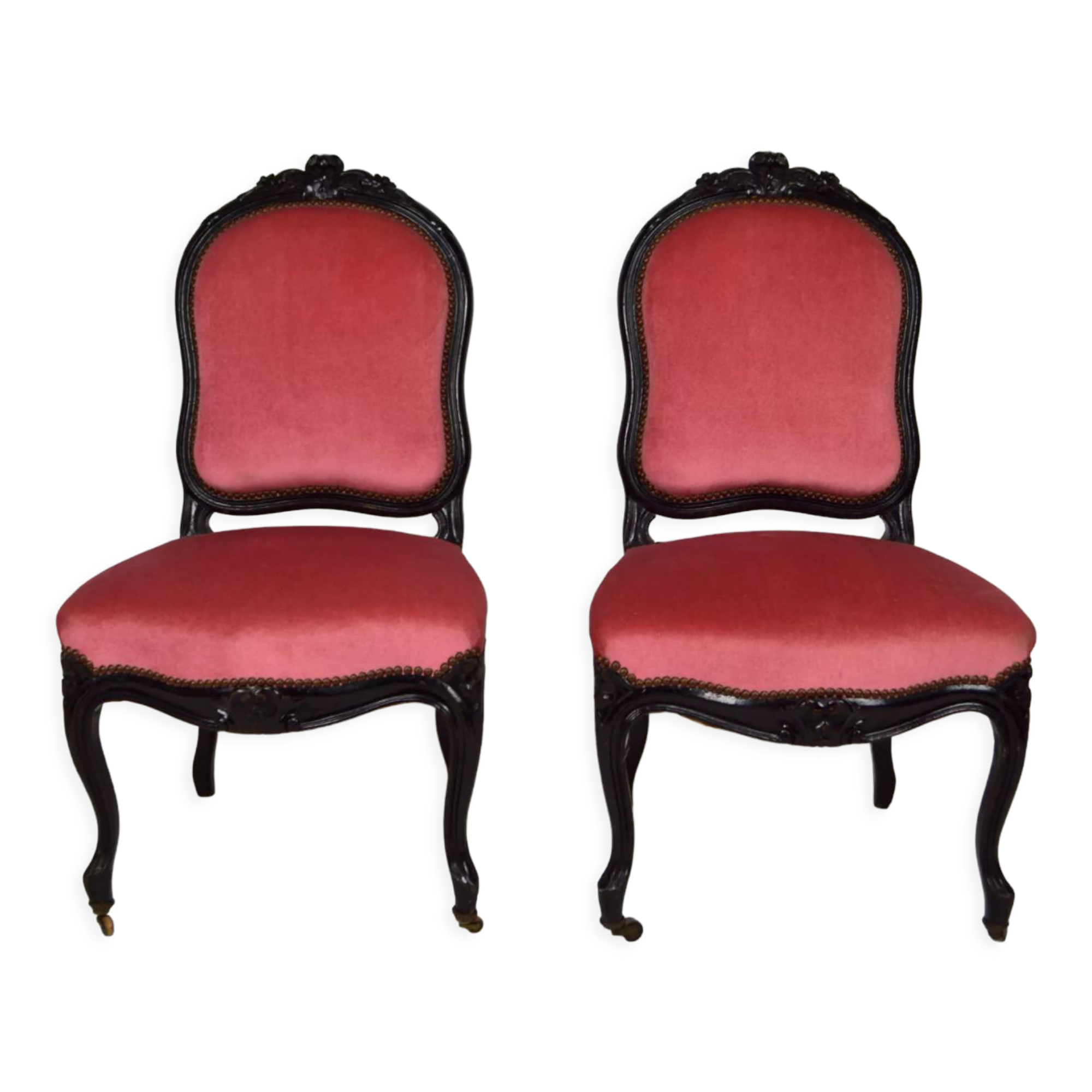 Napoleon III chairs in blackened wood and pink velvet, France, circa 1870