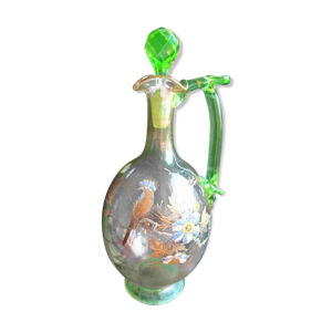 carafe verre rose et jaune ouraline, émaillée Legras: Oiseau perché sur fleurs