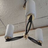 Modernist chandelier with 3 lights in metal, brass, and opaline globe - 1950s