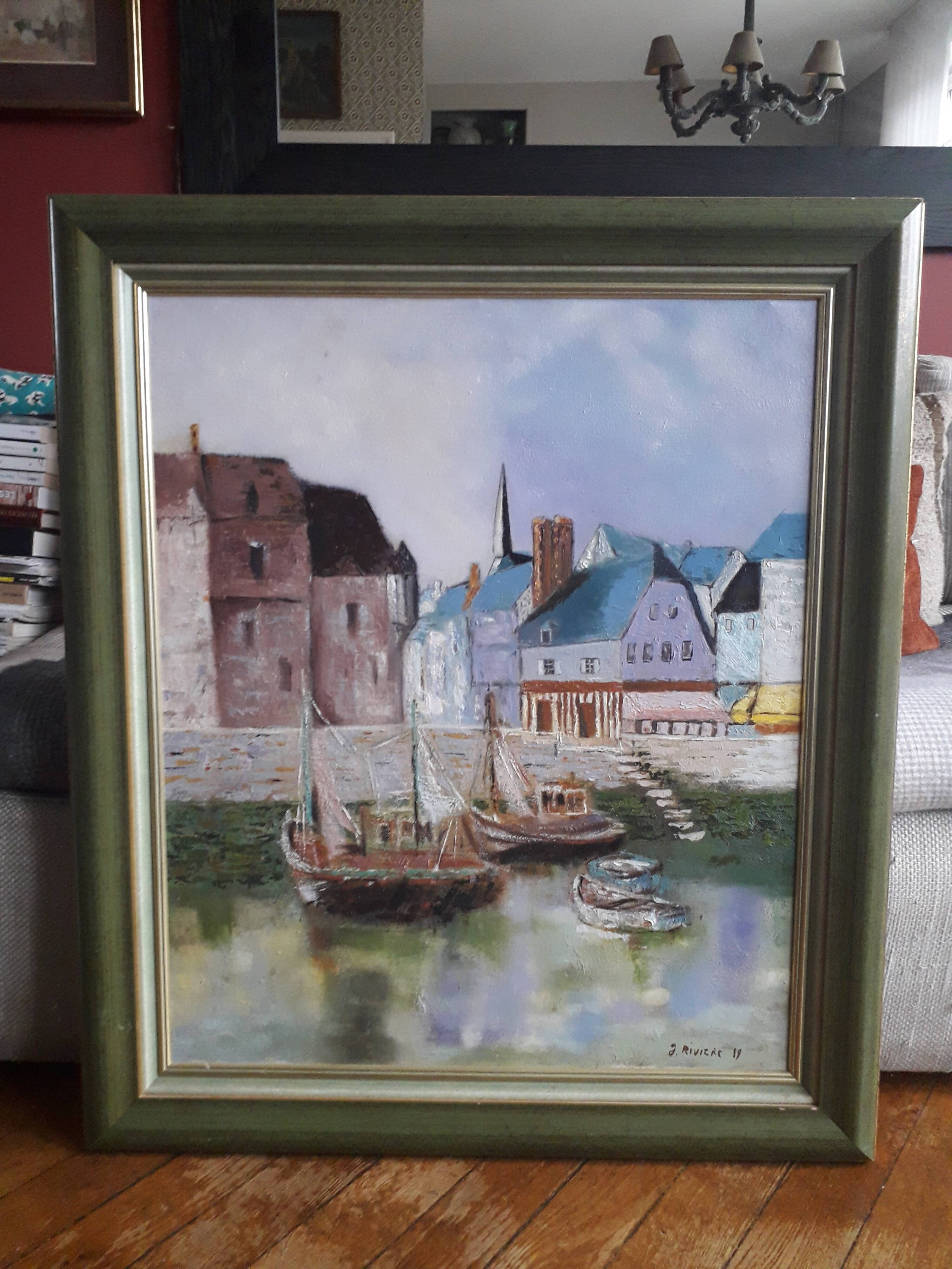 Old oil painting depicting a port