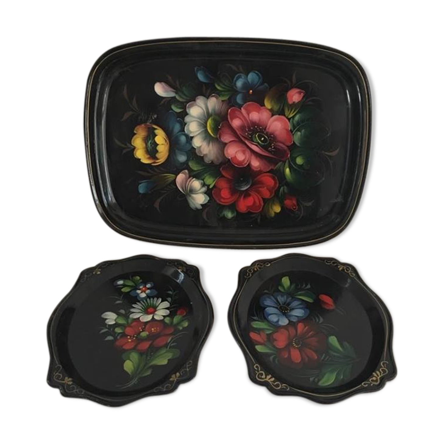 Lot three trays floral pattern hand painted origin Russia