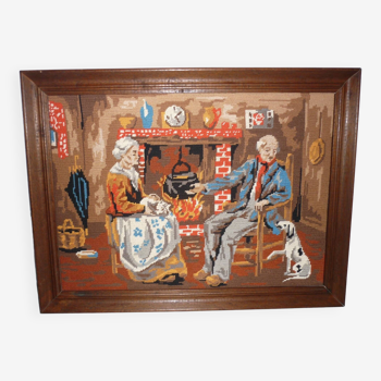 Framed canvas “Couple by the fire” vintage
