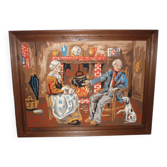 Framed canvas “Couple by the fire” vintage