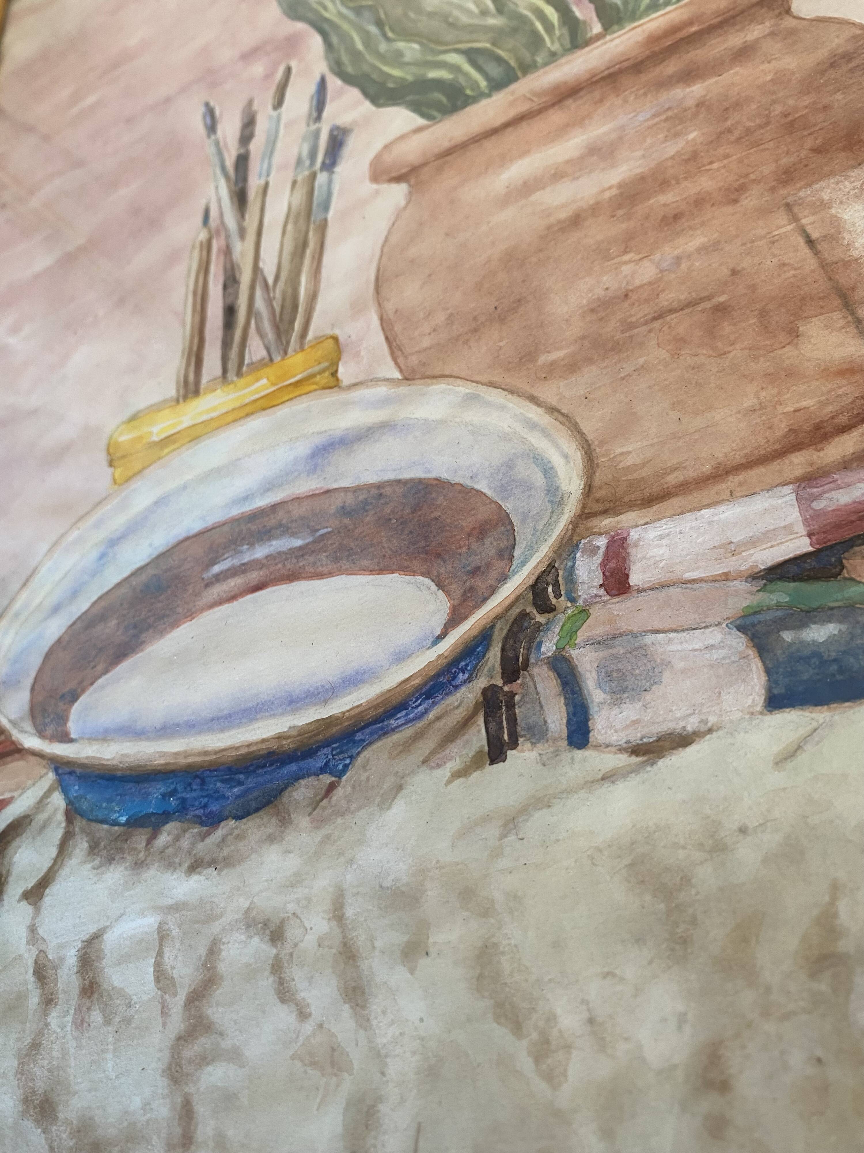 Watercolour still life from the 1970s under glass.