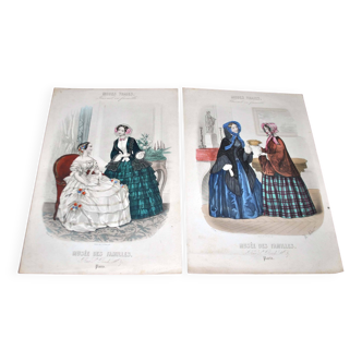 Lot of 2 Belle Epoque fashion engravings "Modes Vraies - Musée des famille" 1890 late 19th century.