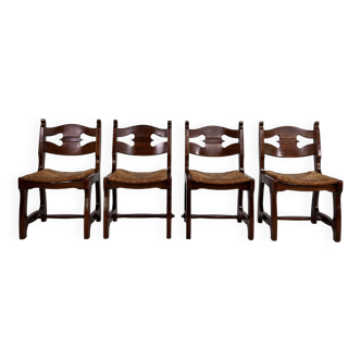 Lot de 4 chaises des années 50 style ferme et campagne en chêne et assise paille tressé