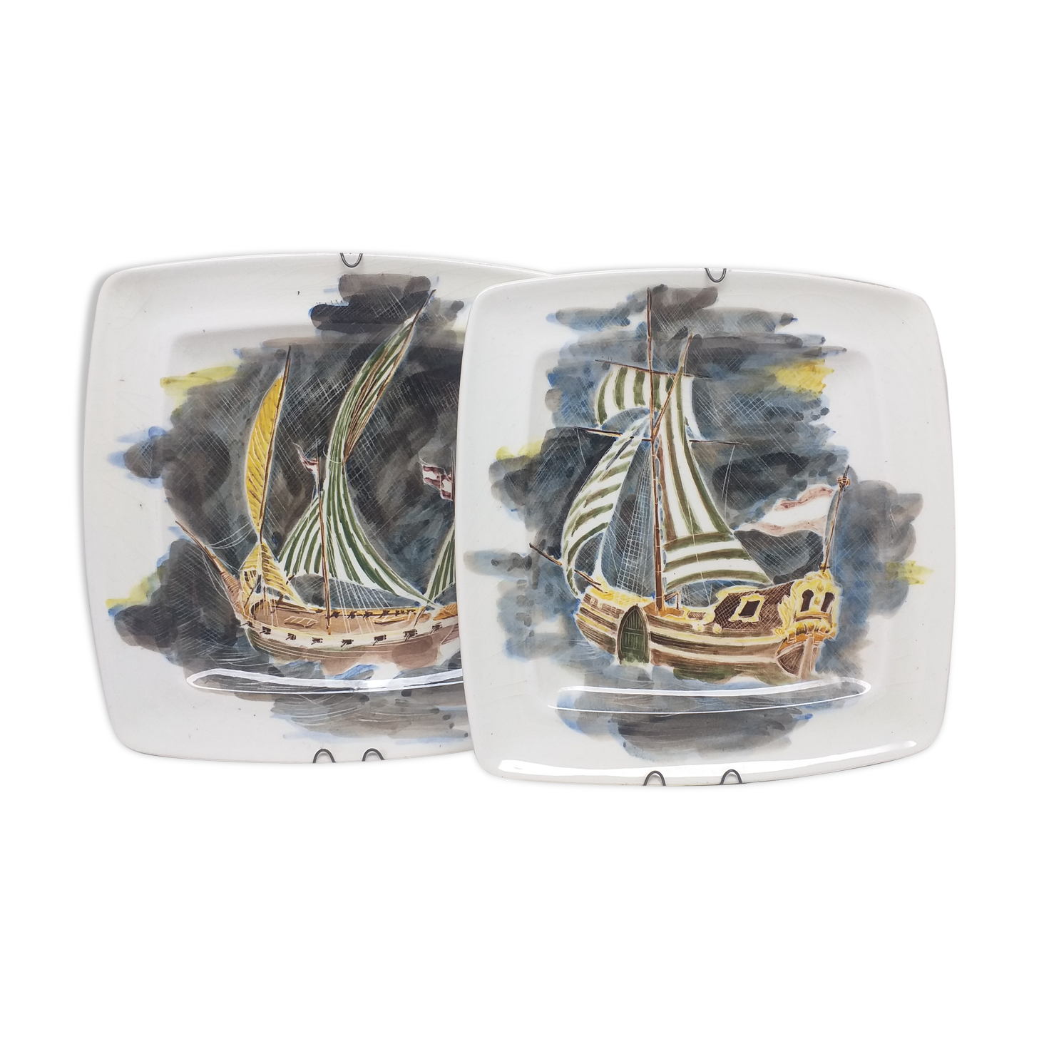 Lot 2 plates guy trevoux sailboat ship war ship