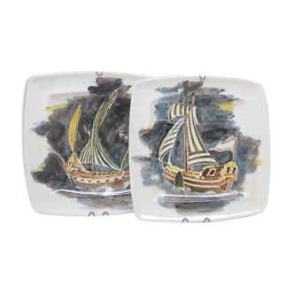 Lot 2 plates guy trevoux sailboat ship war ship